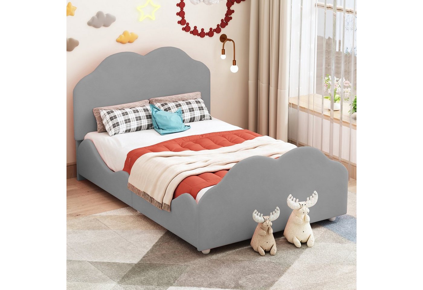 REDOM Kinderbett 90 x 200 cm Einzelbett Gästebett Kinderbett Bett (mit wolkenförmigem Kopf- und Fußteil, hohes Geländer-Kinderbettgestell), Ohne Matratze, Einzelbett in hautfreundlichem Samt von REDOM