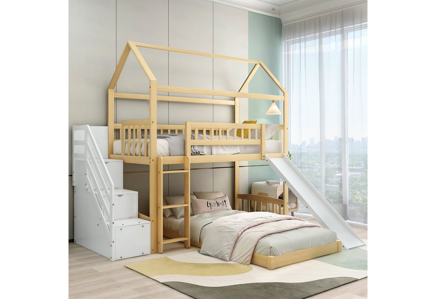 REDOM Kinderbett 90x200cm Etagenbett Hausbett Gästebett Bett Einzelbett (mit Treppe mit Handlauf und rechtwinkliger Leite), Treppe mit Stauraum, Hausbett mit Rutsche, Ohne Matratze von REDOM