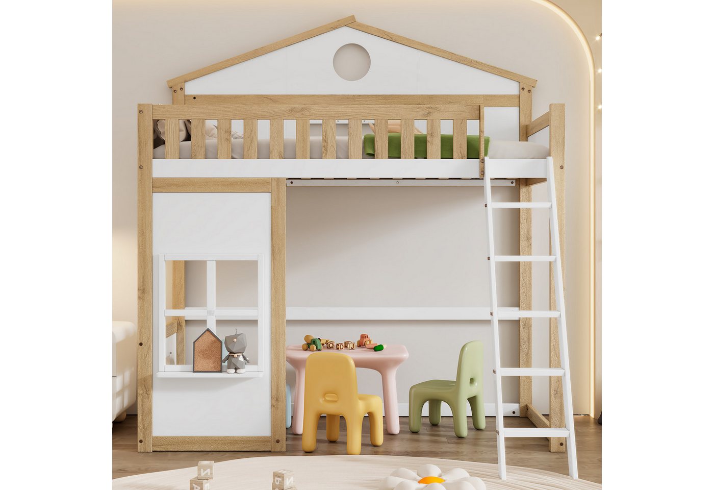 REDOM Kinderbett Bett Etagenbett Hochbett Hausbett Einzelbett Jugendbett (Kinderhausbett mit Dach und Fenstern, mit Treppe, Fallschutzgitter und frei gestaltbarem Unterbett, 90 x 200 cm), ohne Matratze von REDOM