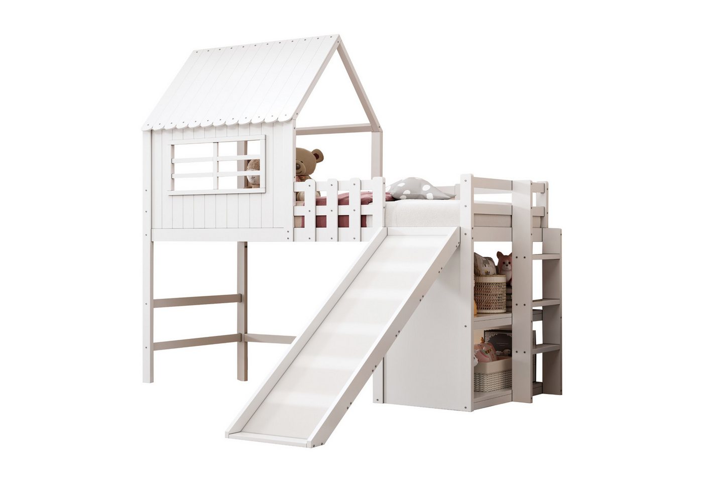 REDOM Kinderbett Dachhaus-Stil Holzbett (Hochbett mit Rutsche und Leiter, Spiel- & Stauraumbett aus Massivholz, 90x200 cm), ohne Matratze von REDOM