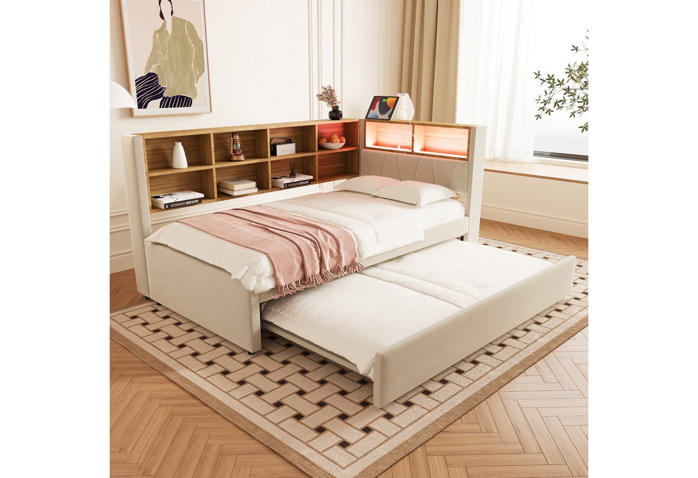 REDOM Kinderbett Doppelbett Stauraumbett Gästebett (Daybett Tagesbett Schlafsofa mit Ausziehbett 90x190 cm, USB-Steckdosen und viel Stauraum, Geeignet für kleine Apartments, 90x200 cm), ohne Matratze von REDOM