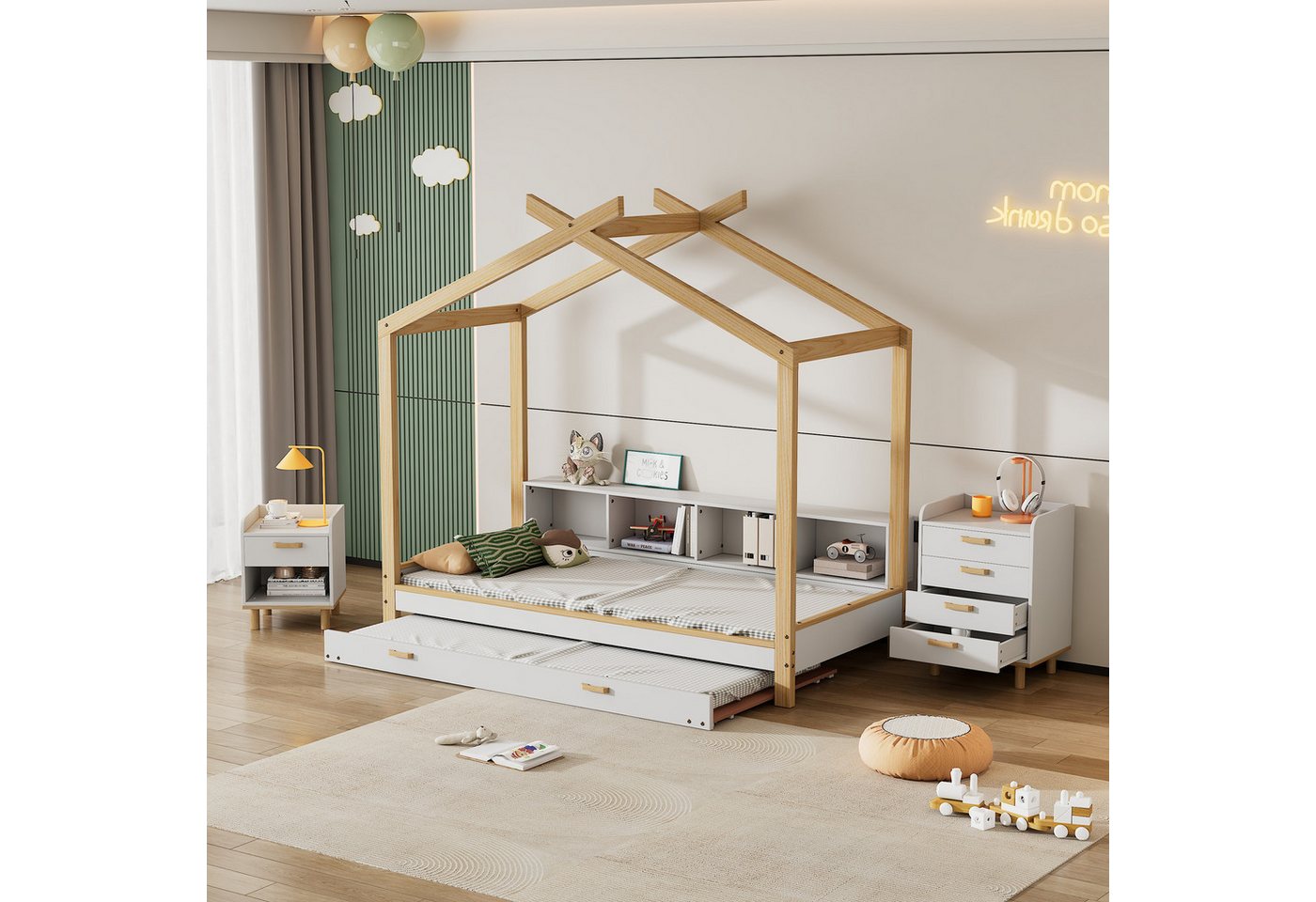 REDOM Kinderbett Einzelbett, mit vier Fächern Regale, mit ausziehbarem Rollbett (Hausbett+Nachttisch+Kommode mit vier Fächern Regale und Drop-Down-Rollbett, Nachttisch mit 1 Schublade und einem Fach,Kommode), ohne Matratze, 90x200cm&90x190cm von REDOM