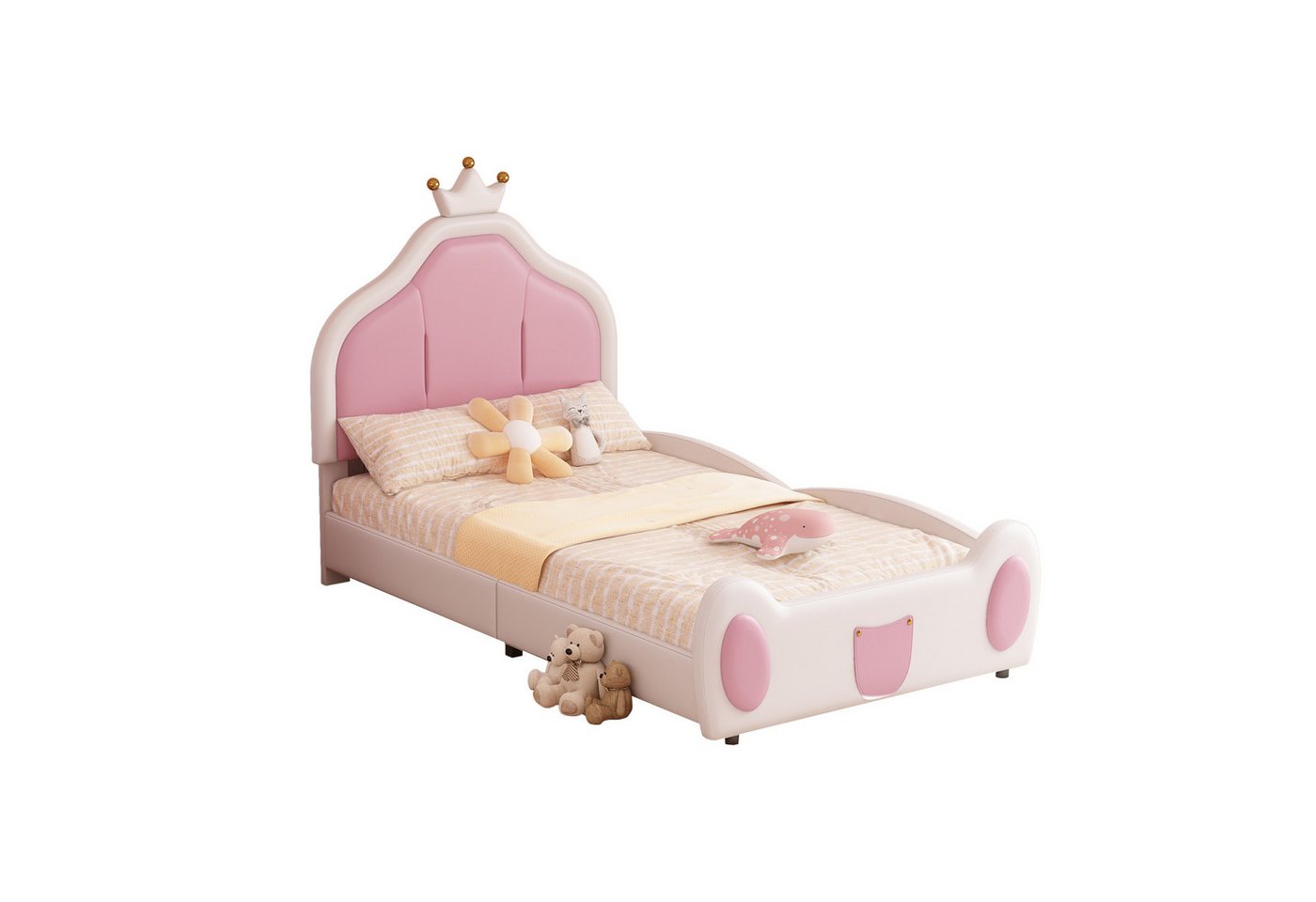 REDOM Kinderbett Einzelbett Polsterbett (Kopfteil mit Kranzleiste, kindliche Leistengestaltung am Kopf- und Fußende des Bettes, zweifarbiges Patchwork-Design, Kunstlederstoff), ohne Matratze von REDOM