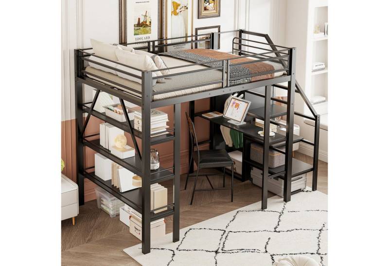 REDOM Kinderbett Eisenbett Gästebett Hochbett Metallbett Stauraumbett Jugendbett (mit Schreibtisch, Kleiderschrank und Sicherheitsstufen – Multifunktionales Platzsparendes Design für Kinder- und Jugendzimmer, Robuste Eisenkonstruktion, 140x200 cm), ohne Matratze von REDOM