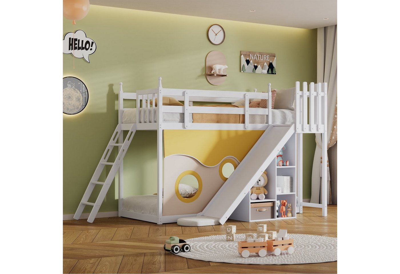 REDOM Kinderbett Etagenbett, Holzbett, Bett, Gästebetten, Hausbett (mit Treppe und Zäune, mit Bettvorhang, Rutsche und Regal, mit Fallschutz und Gitter, Rahmen aus Kiefer), 90x200cm, Ohne Matratze von REDOM