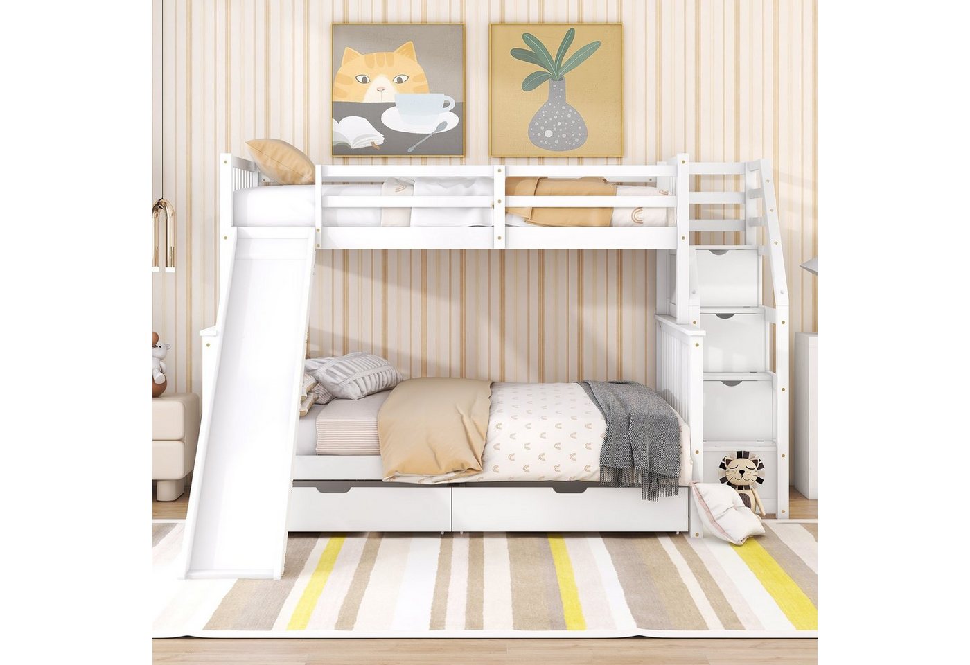 REDOM Kinderbett Etagenbett Bett Gästebett Einzelbett Funktionsbett (mit Schubladen, Stauraum und Rutsche, multifunktional, 90 x 200 über 140 x 200), Ohne Matratze von REDOM