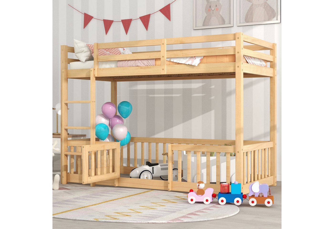 REDOM Kinderbett Etagenbett mit rechtwinkliger Treppe, Bett mit Zäune und Türchen (Kinderbett mit Fallschutz und Gitter, natur (200x90cm) von REDOM