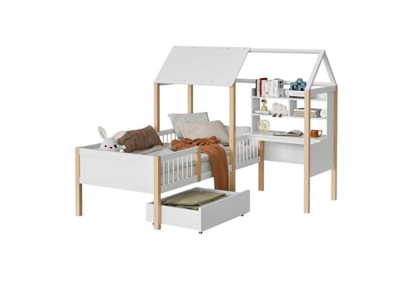 REDOM Kinderbett Funktionsbett,Einzelbett,mit Schreibtisch (Multifunktionales Hausbett,mit Bücherregal und Stauraum L-förmiger Kinderbett mit Rausfallschutz und Lattenrost, Platzsparend für kleine Räume Modernes Design aus Massivholz für Kinderzimmer, 90x200cm), ohne Matratze von REDOM