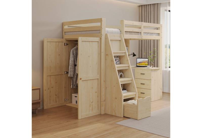 REDOM Kinderbett Funktionsbett,Jugendbett Einzelbett (Funktionsbett,mit Kleiderschrank und Stufen-Schubladen, 90x200 cm), ohne Matratze von REDOM