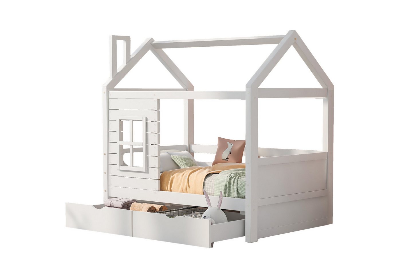REDOM Kinderbett Hausbett (Weiß 160x80cm mit Lattenrost ohne Matratze), Massivholz Kinder Bett mit Rausfallschutz Fenster und Lattenrost von REDOM