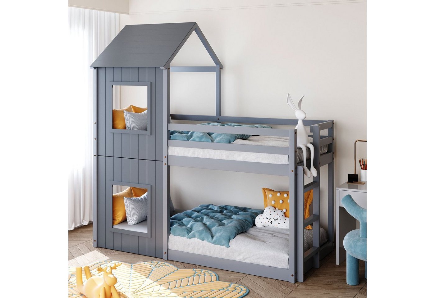 REDOM Kinderbett Hausbett Etagenbett (Hausbett für Mädchen und Jungen, Sicheres und durchdachtes Design Stabile Kiefernstruktur), mit Leiter & Baldachin, bodentief, massivholz, Schwarz von REDOM