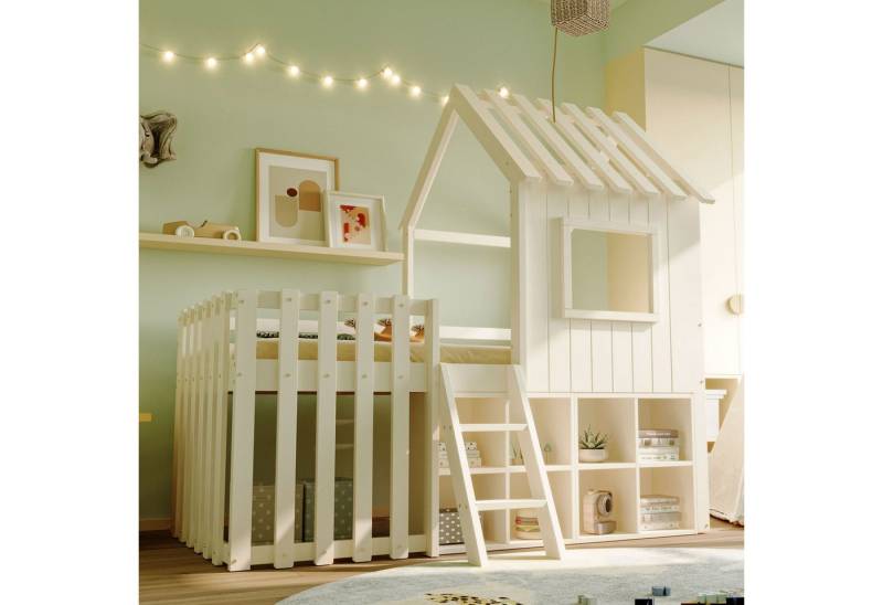 REDOM Kinderbett Hausbett aus Massivholz mit Dach, Fenster & Kletterleiter (Stauraum unter dem Holzbett 90x200 cm, Hochbett für Jungen & Mädchen), ohne Matratze von REDOM