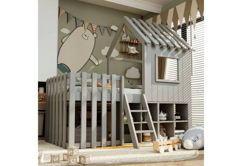 REDOM Kinderbett Hausbett aus Massivholz mit Dach, Fenster & Kletterleiter (Stauraum unter dem Holzbett 90x200 cm, Hochbett für Jungen & Mädchen), ohne Matratze von REDOM