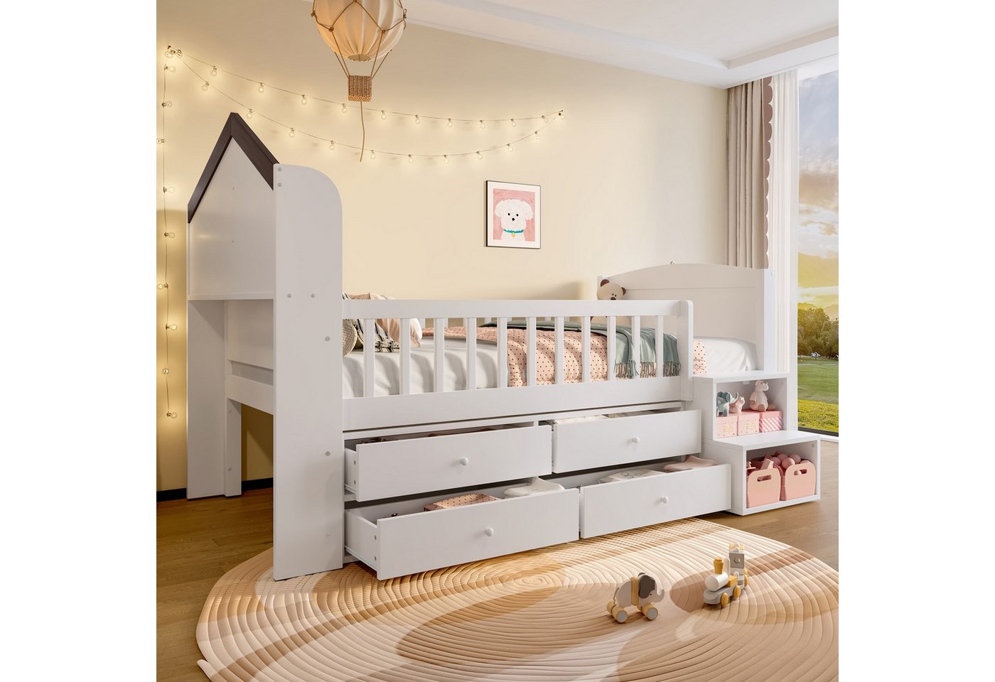 REDOM Kinderbett Hausform mit LED-Beleuchtung, 4 Schubladen & Leiter (Halbhohes Holzbett, Einzelbett, 90x200 cm), ohne Matratze von REDOM