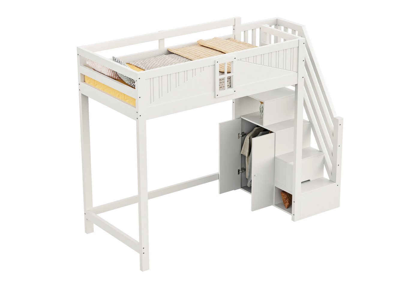 REDOM Kinderbett Hochbett aus Massivholz mit Sicherheits-Tür und Fenster (Flexibel montierbare Leiter, Viel Stauraum, 90x200 cm), Inklusive Matratze von REDOM