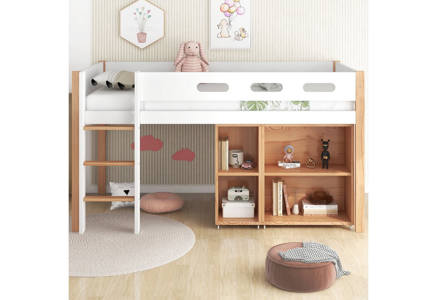 REDOM Kinderbett Hochbett mit Stauraum und beweglichem Schrank, Absturzsicherung (mit dreistufiger rechtwinkliger Treppe, Bettrahmen aus Massivholz, 90x200 cm), ohne Matratze von REDOM