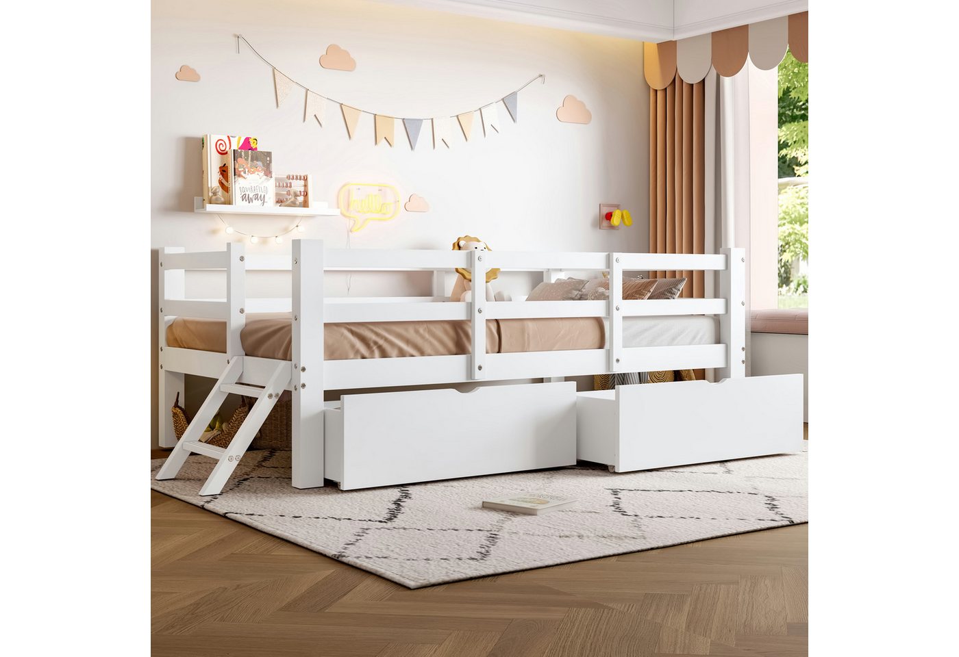 REDOM Kinderbett Holz-Plattformbett mit 2 Schubladen (Kiefernholz & MDF mit halbgeschlossenem Schutzgeländer,hoher Stabilität, 1-tlg., 90x200) von REDOM