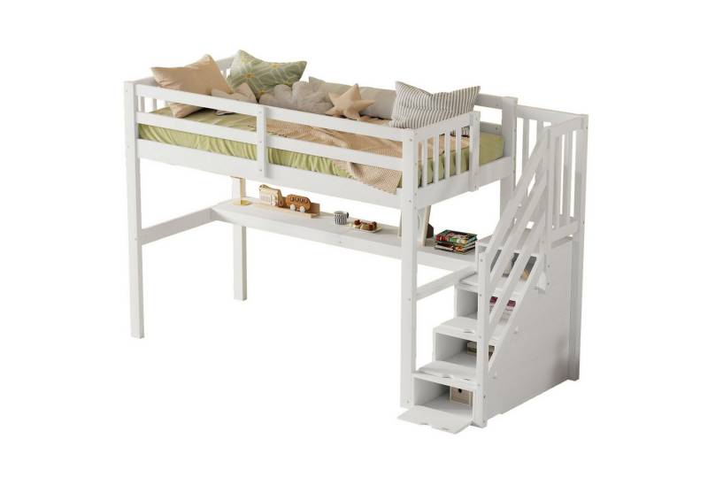 REDOM Kinderbett Holzbett Stauraumbett Funktionsbett, mit Stauraumschubladen (Kinderhochbett mit Stauraum, Schreibtisch und Regalen - Weiß, Umweltfreundliches Kiefernholz, Praktisches Design für Kinderzimmer, Lernbereich & Schlafbereich, mit Stauraumschubladen und Unterbettschreibtisch), ohne Matratze von REDOM