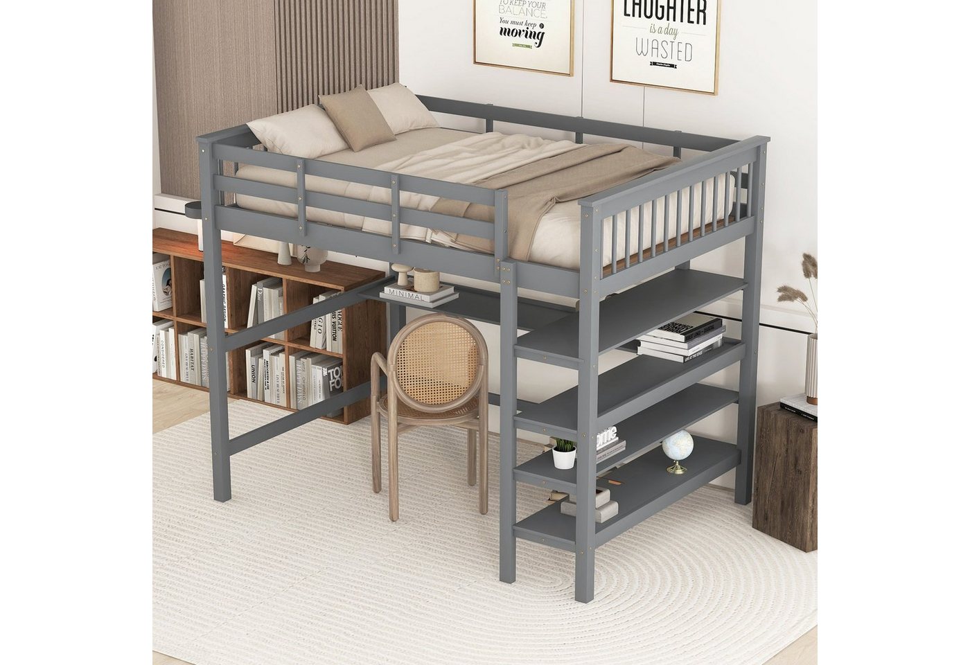 REDOM Kinderbett Jugendbett mit Lattenrost ohne Matratze (140x200 cm, mit Ablagefächern und Unterbettschreibtisch) von REDOM