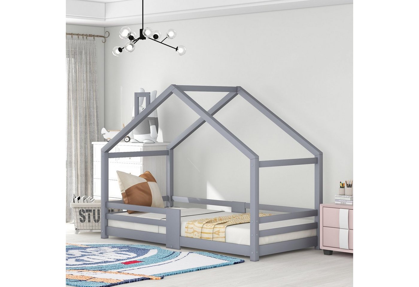 REDOM Kinderbett Kinder Bett Jugendbett Holzbett Hausbett Kinderhaus Massivholzbett (Massivholz Bett ohne Matratze), 90×200cm, aus Kiefer Holz, Weiß oder Grau von REDOM