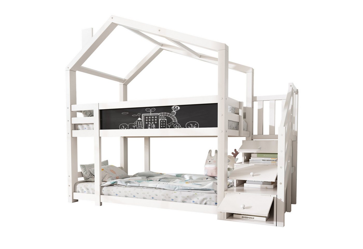 REDOM Kinderbett Kinderbett Baumhaus (Hausbett für Mädchen und Jungen, Sicheres und durchdachtes Design Stabile Kiefernstruktur), mit Treppe & Schubladen, bodentief, massivholz, weiß von REDOM