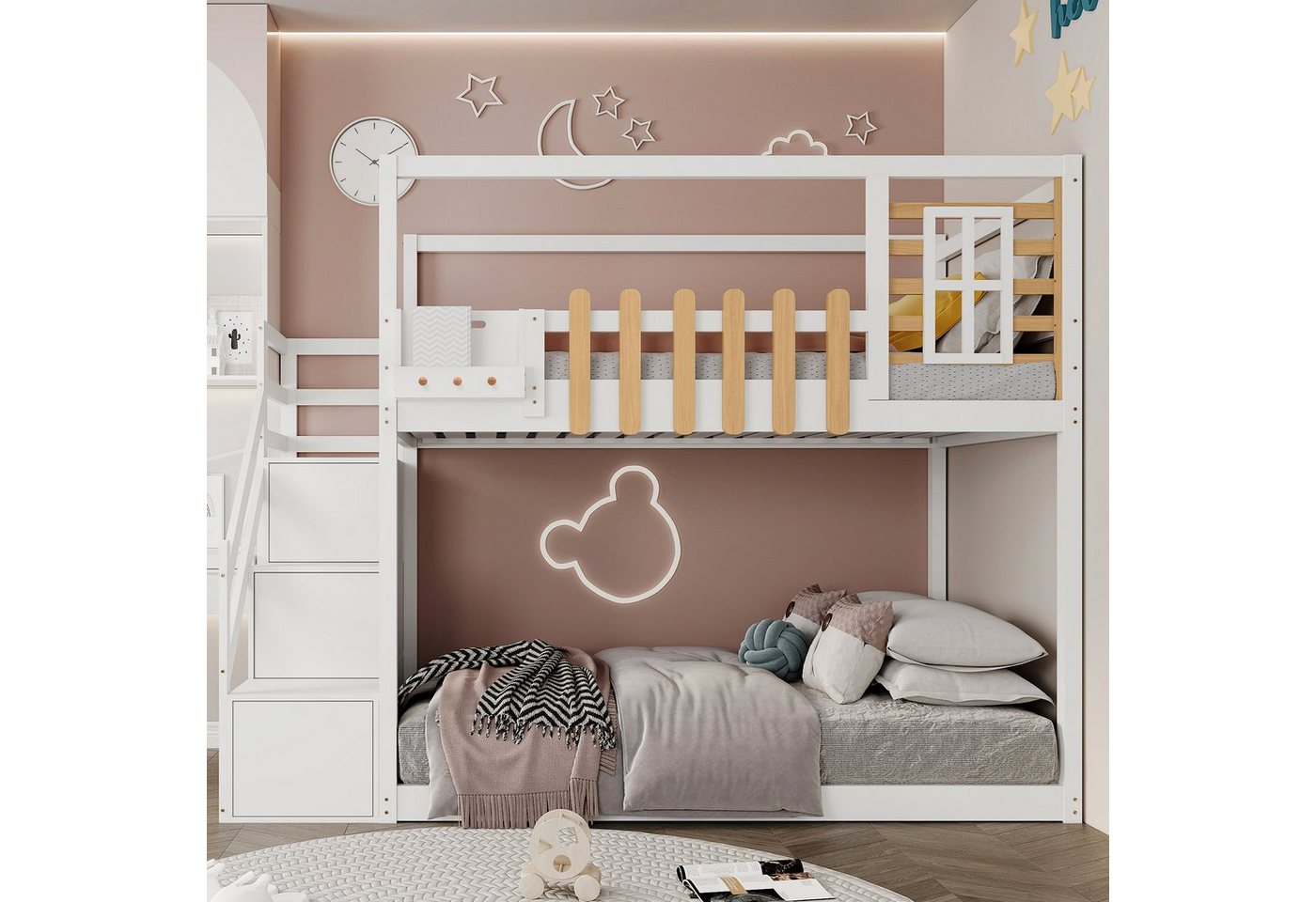 REDOM Kinderbett Kinderbett Einzelbett Gästebett Bett (mit 3 Schließfächer in der Treppe, mit Fallschutzgitter, mit Treppe, Fenster und Regalkasten), Rahmen aus massivem Kiefernholz, Ohne Matratze von REDOM