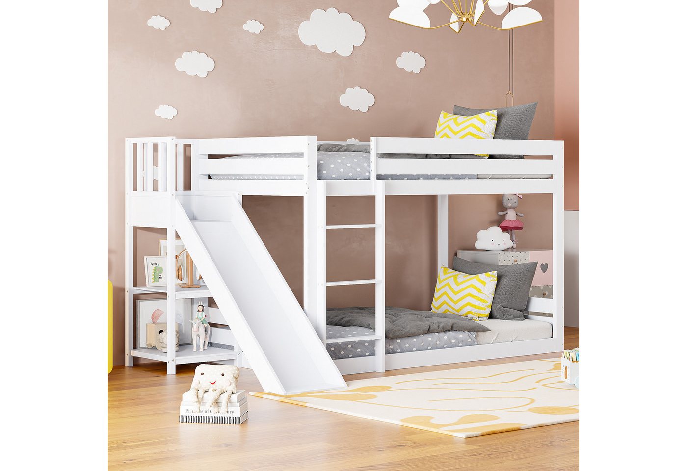 REDOM Kinderbett Kinderbetten Gästebett (weiß), Etagenbett aus Kiefernholz mit Leiter und Rausfallschutz Bettgestell von REDOM