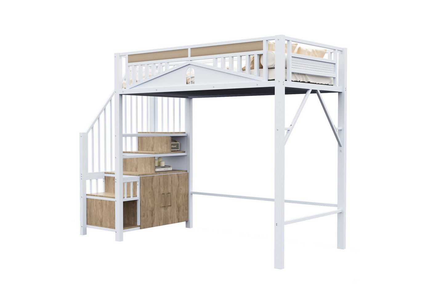 REDOM Kinderbett Loft-Metallbett (Hochbett mit Fenster-Design & Sicherheitsleiter, Viel Stauraum unter dem Bett, 90x200 cm), Inklusive Matratze von REDOM