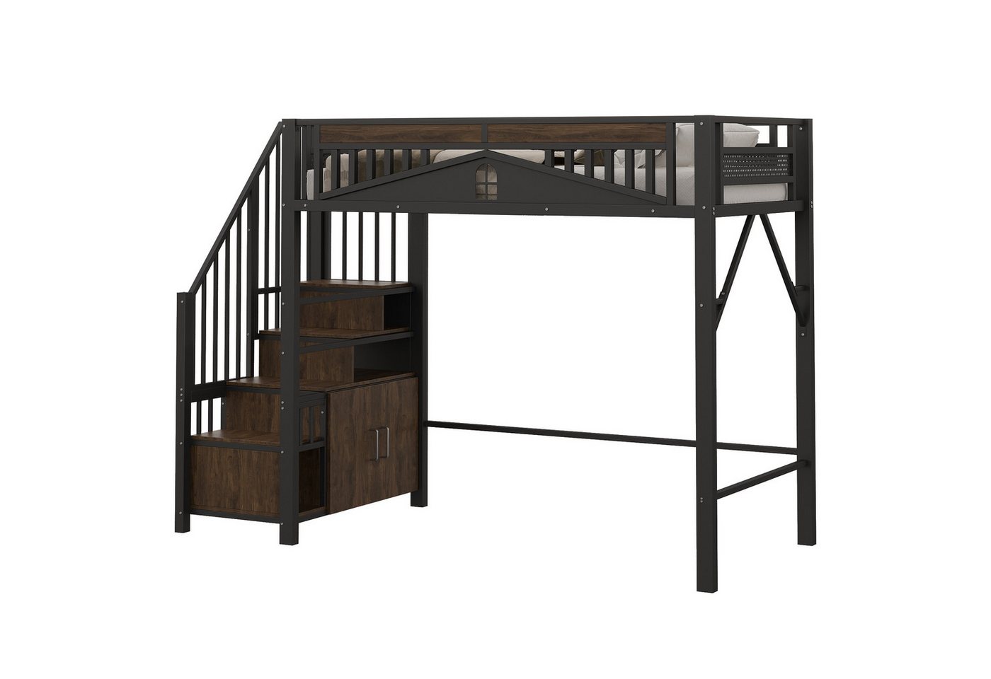 REDOM Kinderbett Loft-Metallbett (Hochbett mit Fenster-Design & Sicherheitsleiter, Viel Stauraum unter dem Bett, 90x200 cm), Inklusive Matratze von REDOM