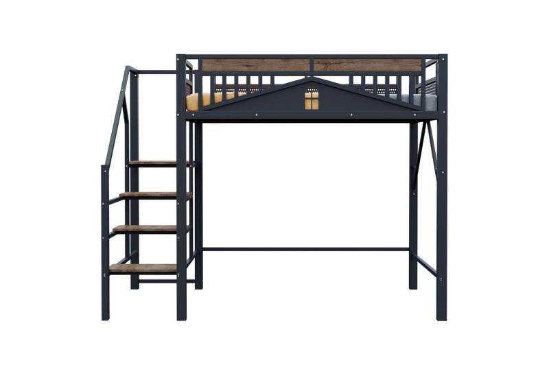 REDOM Kinderbett Loft-Metallbett (Hochbett mit Fenster-Sicherheitsgitter & Stauraumleiter, 140x200 cm), Inklusive Matratze von REDOM