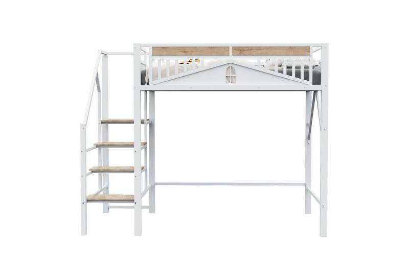 REDOM Kinderbett Loft-Metallbett (Hochbett mit Fenster-Sicherheitsgitter & Stauraumleiter, 140x200 cm), Inklusive Matratze von REDOM