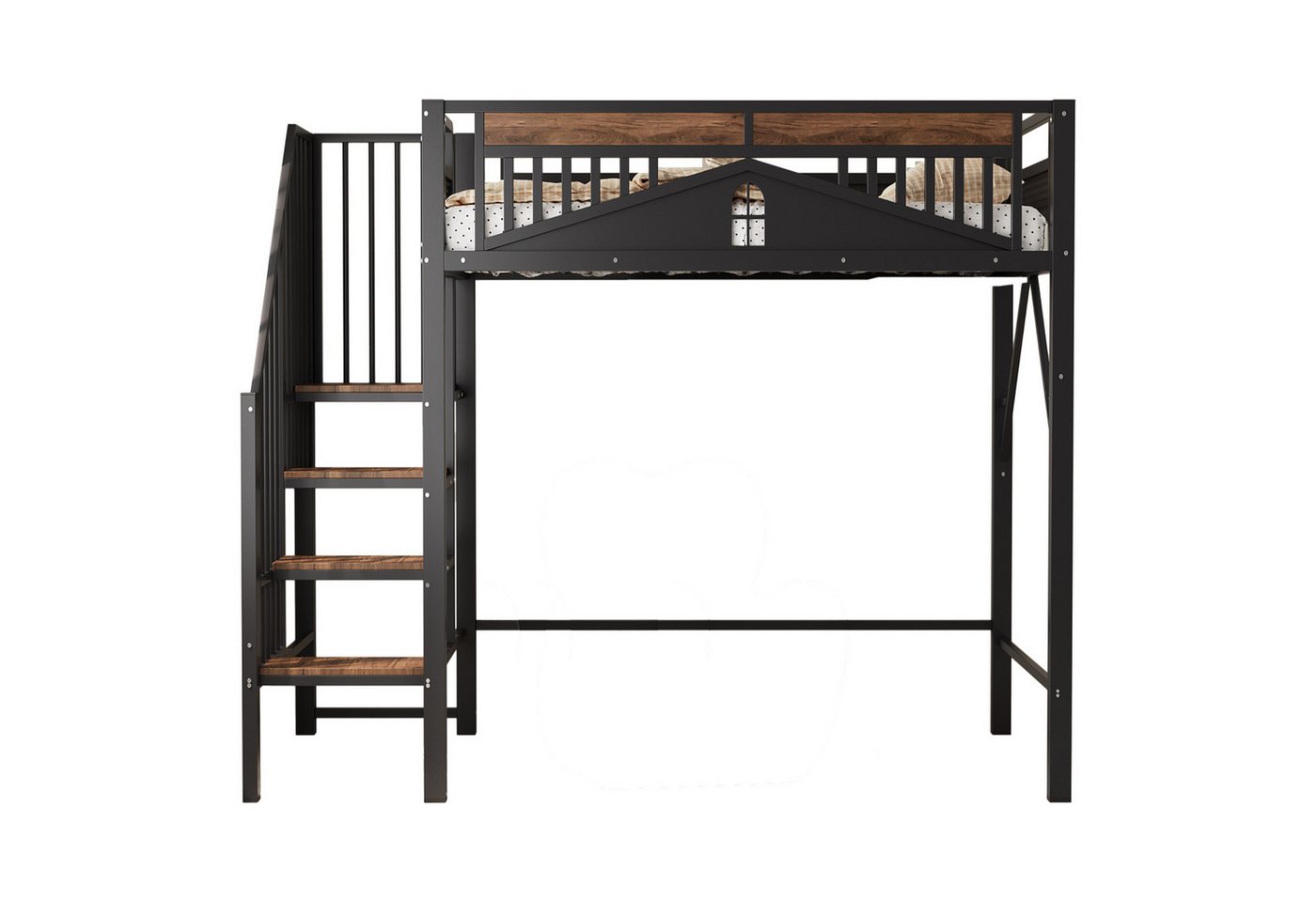 REDOM Kinderbett Loft-Metallbett (mit Fensterdesign & Stauraumleiter, Hochbett mit Sicherheitsumrandung, 90x200cm), ohne Matratze von REDOM