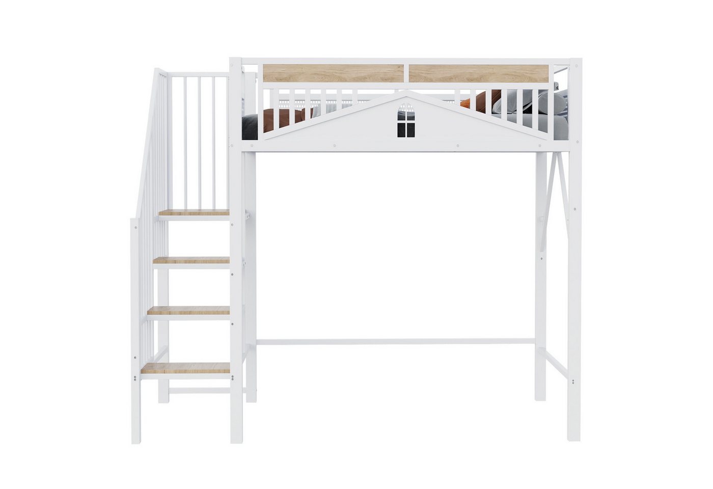 REDOM Kinderbett Loft-Metallbett (mit Fensterdesign & Stauraumleiter, Hochbett mit Sicherheitsumrandung, 90x200cm), ohne Matratze von REDOM