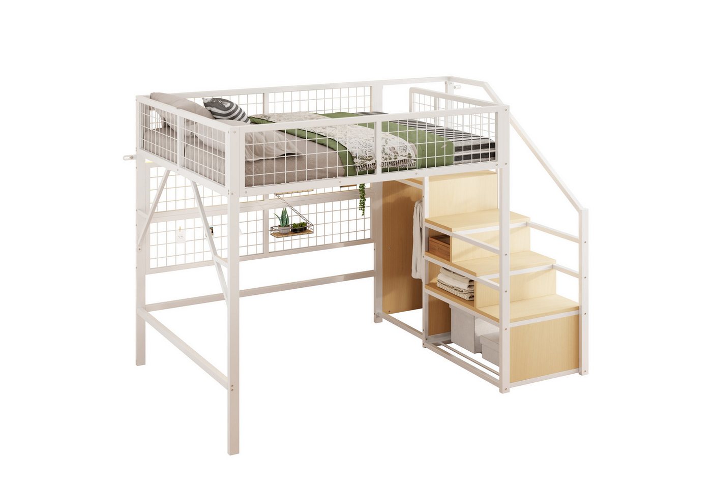REDOM Kinderbett Metall Hochbett mit App-gesteuerten LED-Lichtern (mit App-gesteuerten LED-Leuchten, Stauraum-Treppe und offenem Kleiderschrank, 140x200 cm), Inklusive Matratze von REDOM