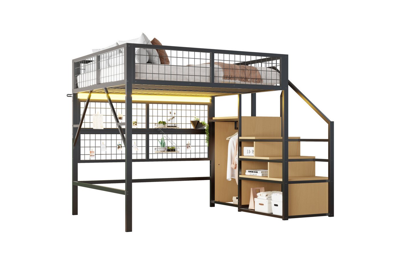 REDOM Kinderbett Metall Hochbett mit App-gesteuerten LED-Lichtern (mit App-gesteuerten LED-Leuchten, Stauraum-Treppe und offenem Kleiderschrank, 140x200 cm), ohne Matratze von REDOM