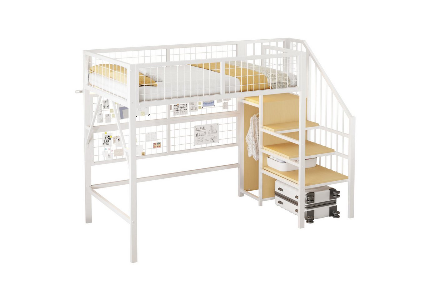 REDOM Kinderbett Metall Hochbett mit App-gesteuerten LED-Lichtern (mit App-gesteuerten LED-Leuchten, Stauraum-Treppe und offenem Kleiderschrank, 90x200 cm), Inklusive Matratze von REDOM