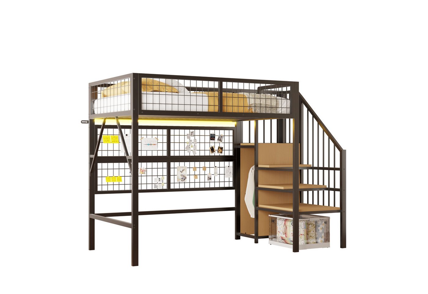 REDOM Kinderbett Metall Hochbett mit App-gesteuerten LED-Lichtern (mit App-gesteuerten LED-Leuchten, Stauraum-Treppe und offenem Kleiderschrank, 90x200 cm), Inklusive Matratze von REDOM