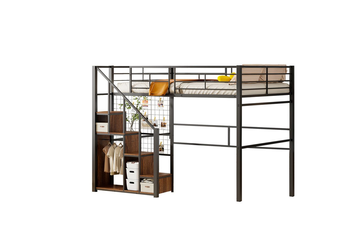 REDOM Kinderbett Stauraumbett Hochbett Metallbett (mit Sicherheitsleiter, Kinderbett mit Eisenrahmen und Ablagefläche, 140x200 cm), Kein Sofa oder Tisch von REDOM