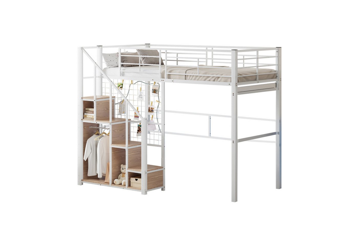 REDOM Kinderbett Stauraumbett Hochbett Metallbett (mit Sicherheitsleiter, Kinderbett mit Eisenrahmen und Ablagefläche, 90x200 cm), Kein Sofa oder Tisch von REDOM
