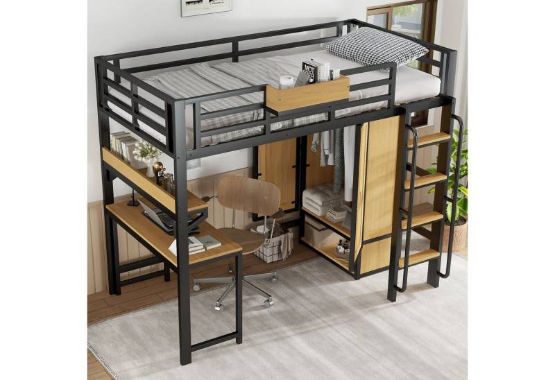 REDOM Kinderbett aus Eisen mit Ablagefächern, Aufbewahrungsregal und Kleiderschrank (Metallbett Hochbett, 90x200cm), ohne Matratze von REDOM