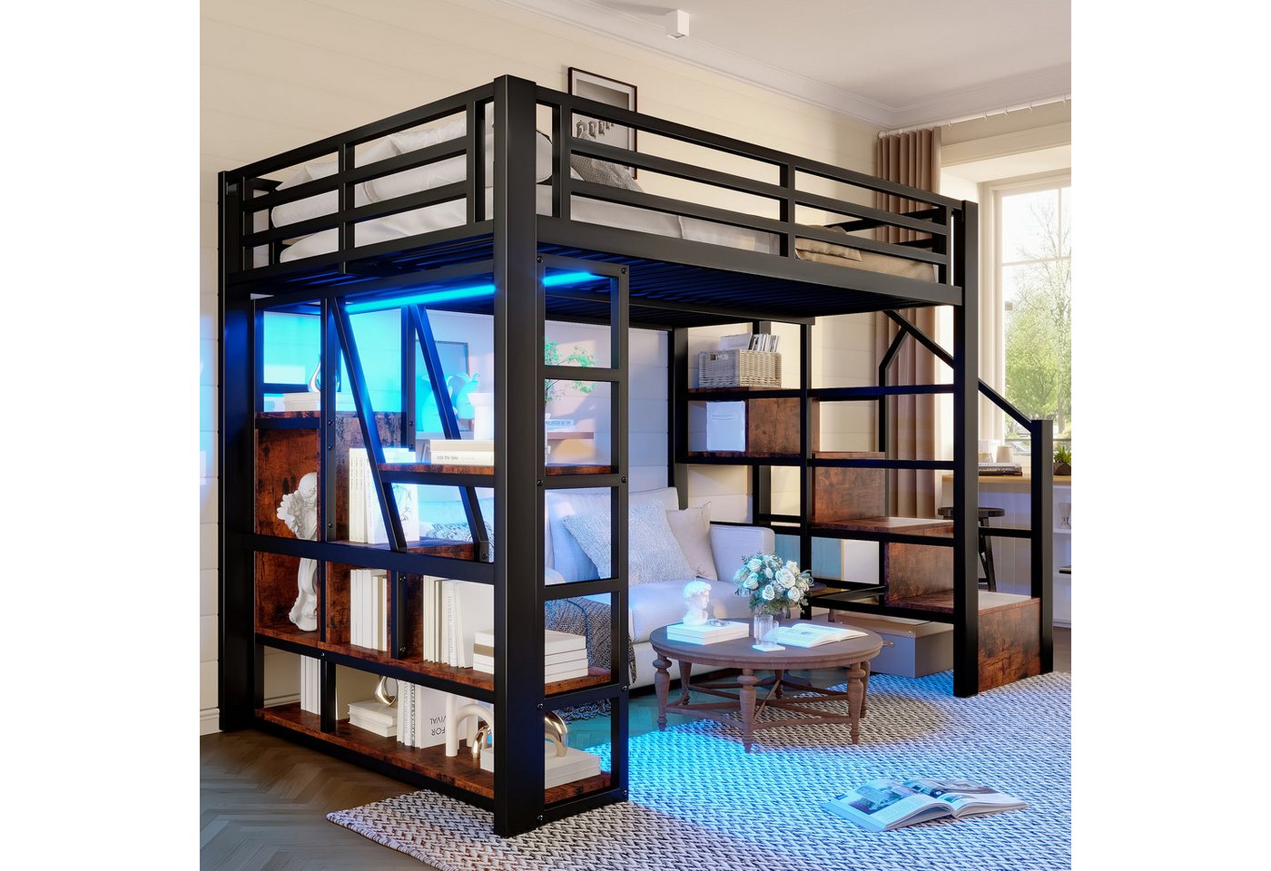 REDOM Kinderbett aus Metall mit Schutzgeländer, Leiter und integriertem Stauraum (Hochbett Jugendbett, 140x200 cm), ohne Matratze von REDOM