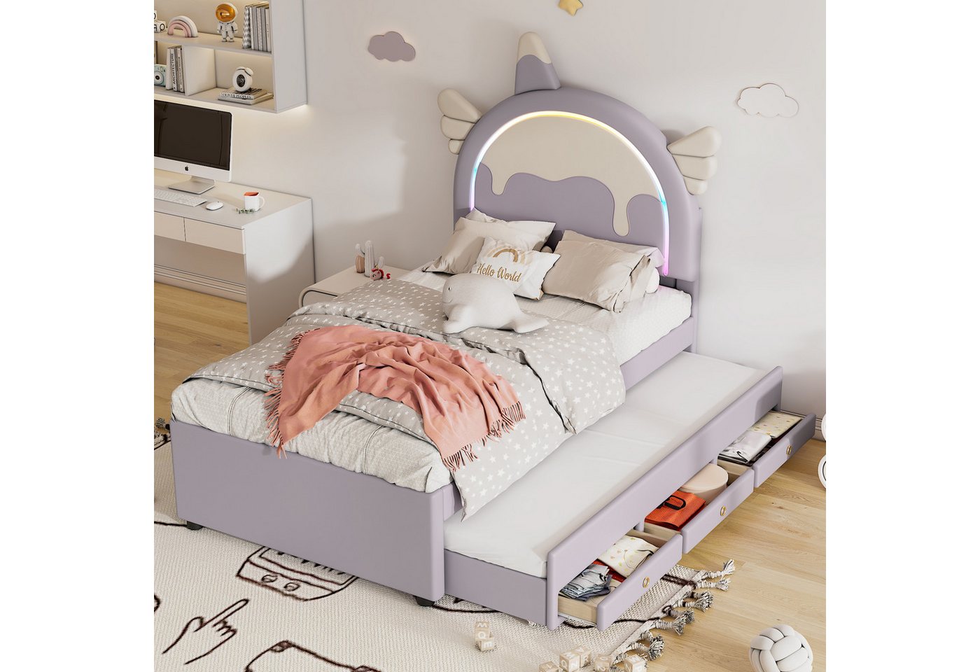 REDOM Kinderbett ausgestattet mit ausziehbares rollbett, kunstleder-Material (Einhornform, 90*200cm), ohne Matratze von REDOM