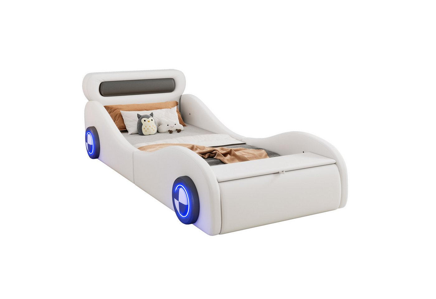 REDOM Kinderbett in Form eines Autos mit leuchtenden Rädern und Stauraum (Polsterbett im Auto-Design 90x200 cm, Kinder- und Jugendbett, mit LED-Rädern, Stauraum,PU und MDF, ohne Matratze, Einzelbett, Polsterbett, Kunstleder 90x200cm), ohne Matratze von REDOM