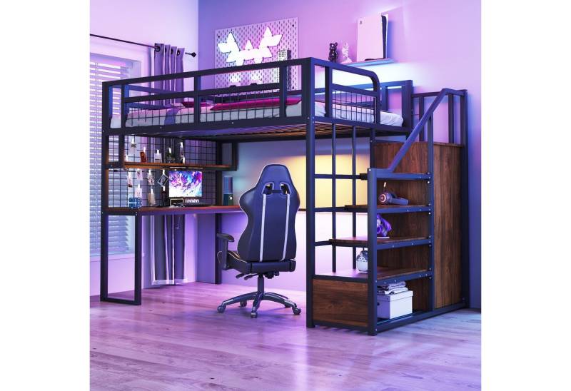 REDOM Kinderbett mit Aufbewahrungsleiter, Kleiderschrank & Tisch (Metall-Hochbett, 140x200cm), Inklusive Matratze von REDOM