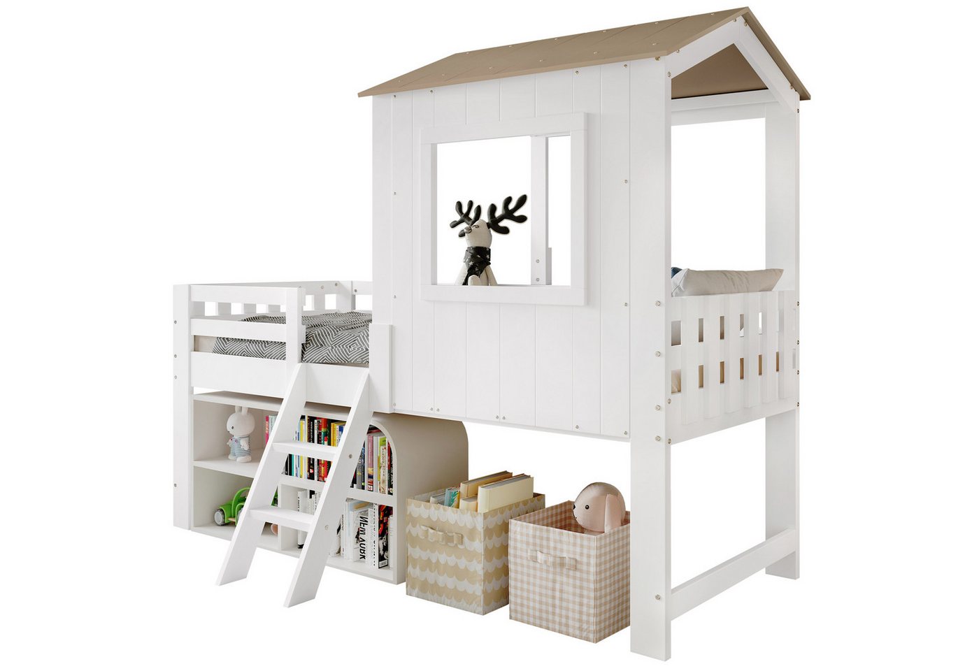 REDOM Kinderbett mit Dach & Fenster, Vierseitigem Zaun & Kleiner Treppe (Praktischer Stauraum & Sichere Konstruktion, Halbhohes Hausbett 90x200 cm), Inklusive Matratze von REDOM