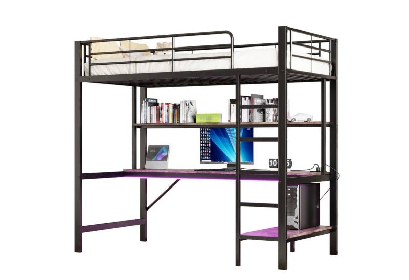 REDOM Kinderbett mit Geländer & Treppe, integrierter USB-Steckdose & LED-Ambientelicht (Hochbett mit MDF-Tisch & Regal, Eisenbett Metallbett Jugendbett, für Jugendzimmer & Studentenwohnung 90x200 cm), Ohne Matratze von REDOM
