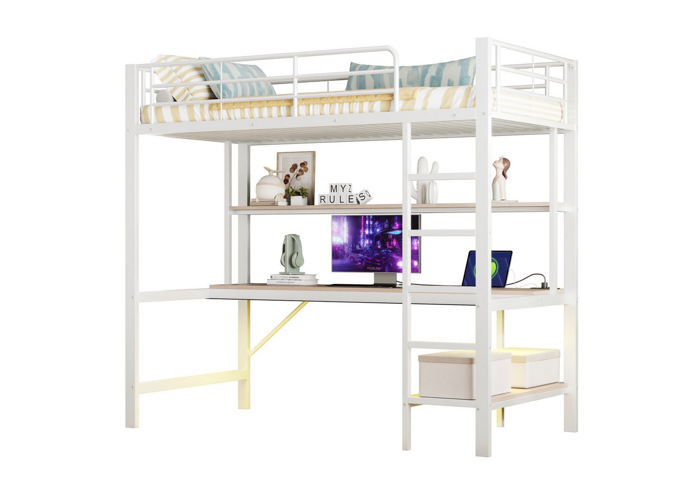 REDOM Kinderbett mit Geländer & Treppe, integrierter USB-Steckdose & LED-Ambientelicht (Hochbett mit MDF-Tisch & Regal, Eisenbett Metallbett Jugendbett, für Jugendzimmer & Studentenwohnung 90x200 cm), Ohne Matratze REDOM Kinderbett mit Geländer & Treppe, integrierter USB-Steckdose & LED-Ambientelicht (Hochbett mit MDF-Tisch & Regal, Eisenbett Metallbett Jugendbett, für Jugendzimmer & Studentenwohnung 90x200 cm), Ohne Matratze von REDOM