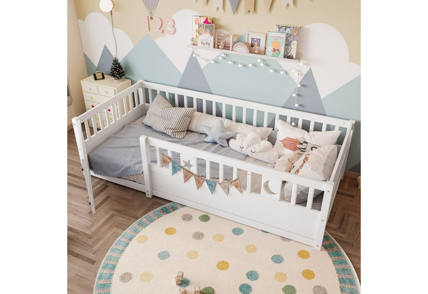 REDOM Kinderbett mit Gitter und Stern- & Monddekoration, sicherer Schlafplatz (mit Schloss, Holzbett Einzelbett, 90 x 190 cm), ohne Matratze von REDOM