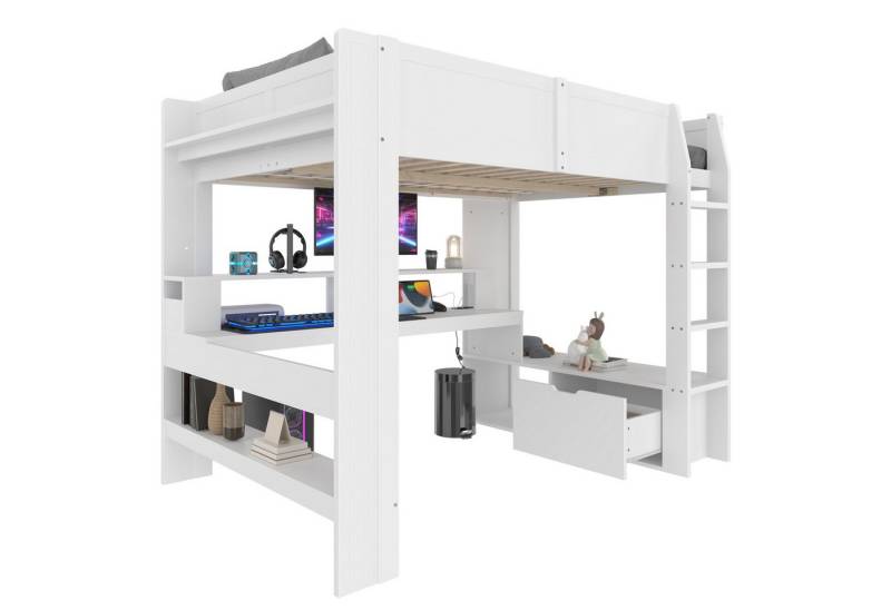 REDOM Kinderbett mit LED-Beleuchtung & Gaming-Schreibtisch (Massivholz Bett mit Regalen und Schubladen, Hochbett 140x200 cm), Inklusive Matratze von REDOM