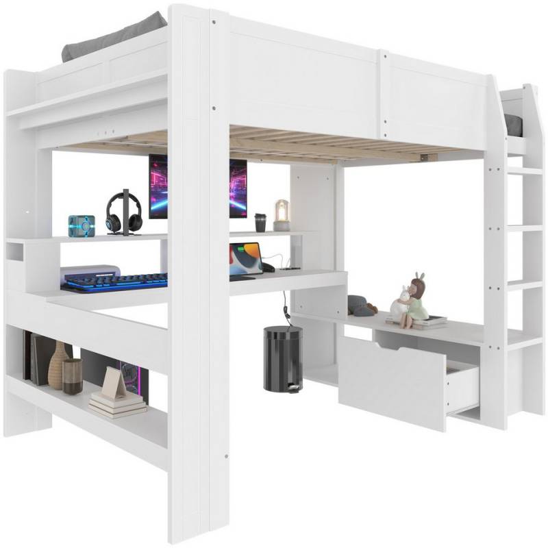 REDOM Kinderbett mit LED-Beleuchtung & Gaming-Schreibtisch (Massivholz Bett mit Regalen und Schubladen, Hochbett 140x200 cm), ohne Matratze von REDOM